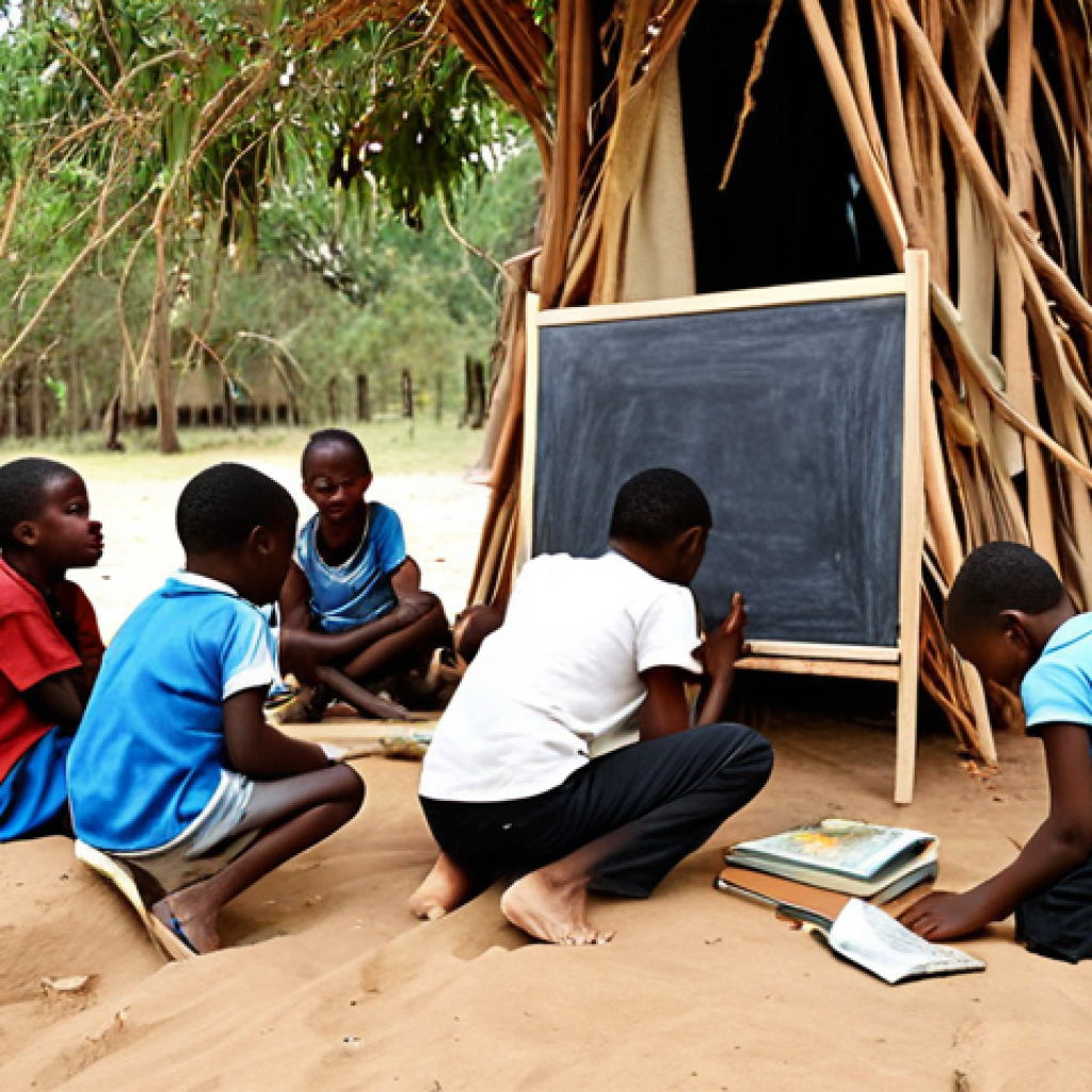 **Prompt 1: The Resilient Bush School**
    A group of children and a dedicated teacher are gathered in an improvised "bush school" during a time of conflict. They are learning outdoors, perhaps under a tree or in a makeshift shelter made of salvaged materials. The children are engaged, using unconventional learning tools like drawing in sand as a blackboard, or sharing torn pages of a book. The scene should convey a sense of resourcefulness, determination, and a glimmer of hope amidst a challenging, war-torn environment reminiscent of the Biafran War era. Focus on the informal and creative nature of the learning space.