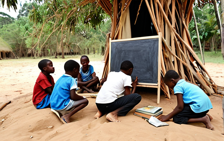**Prompt 1: The Resilient Bush School**
    A group of children and a dedicated teacher are gathered in an improvised "bush school" during a time of conflict. They are learning outdoors, perhaps under a tree or in a makeshift shelter made of salvaged materials. The children are engaged, using unconventional learning tools like drawing in sand as a blackboard, or sharing torn pages of a book. The scene should convey a sense of resourcefulness, determination, and a glimmer of hope amidst a challenging, war-torn environment reminiscent of the Biafran War era. Focus on the informal and creative nature of the learning space.